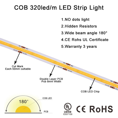 شرائط LED COB مقاومة للماء بدون نقاط تربط القطع 12 24 فولت أبيض فائق السطوع