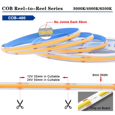 COB LED الشريط الضوء 480LEDs CRI 90+ إضاءة موحدة بلا نقاط غير مقاوم للماء IP20 مرنة